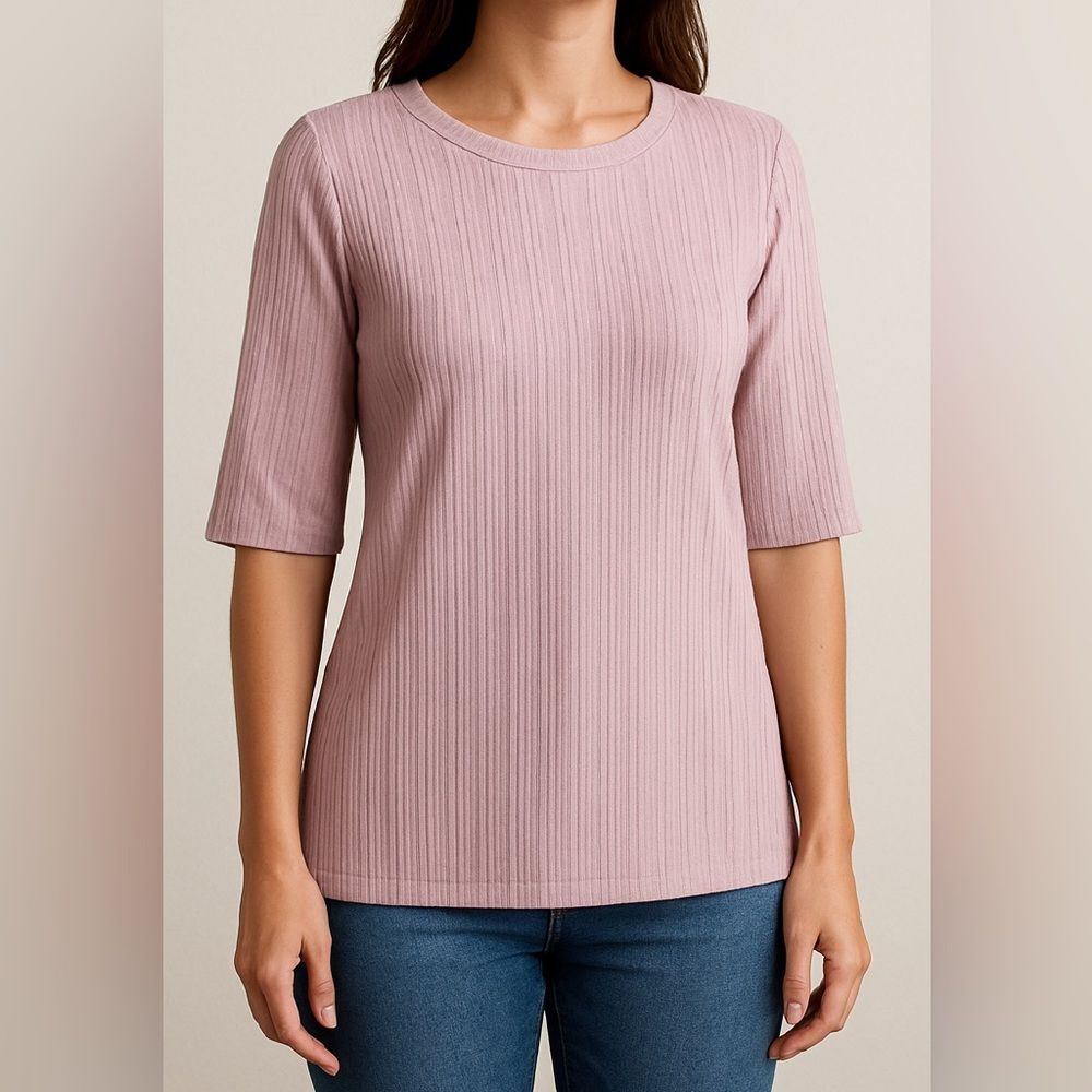 Nine West Mauve Ribbed Knit 3/4 Sleeve Stretch Top Women's M